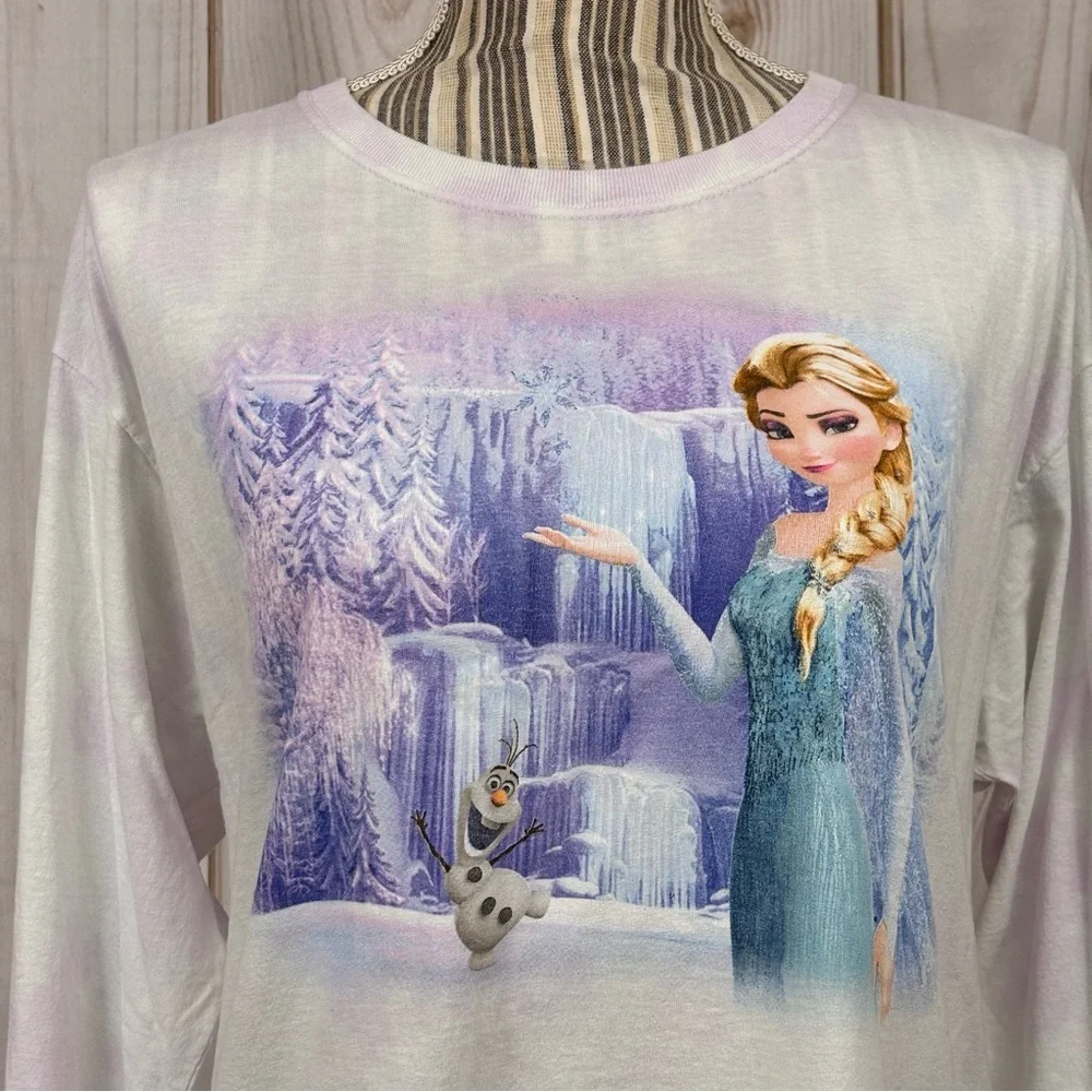 Disney Frozen Long Sleeve Tee Tye Dye Elsa Olaf Comfort White Purple Size Medium - Picture 4 of 12